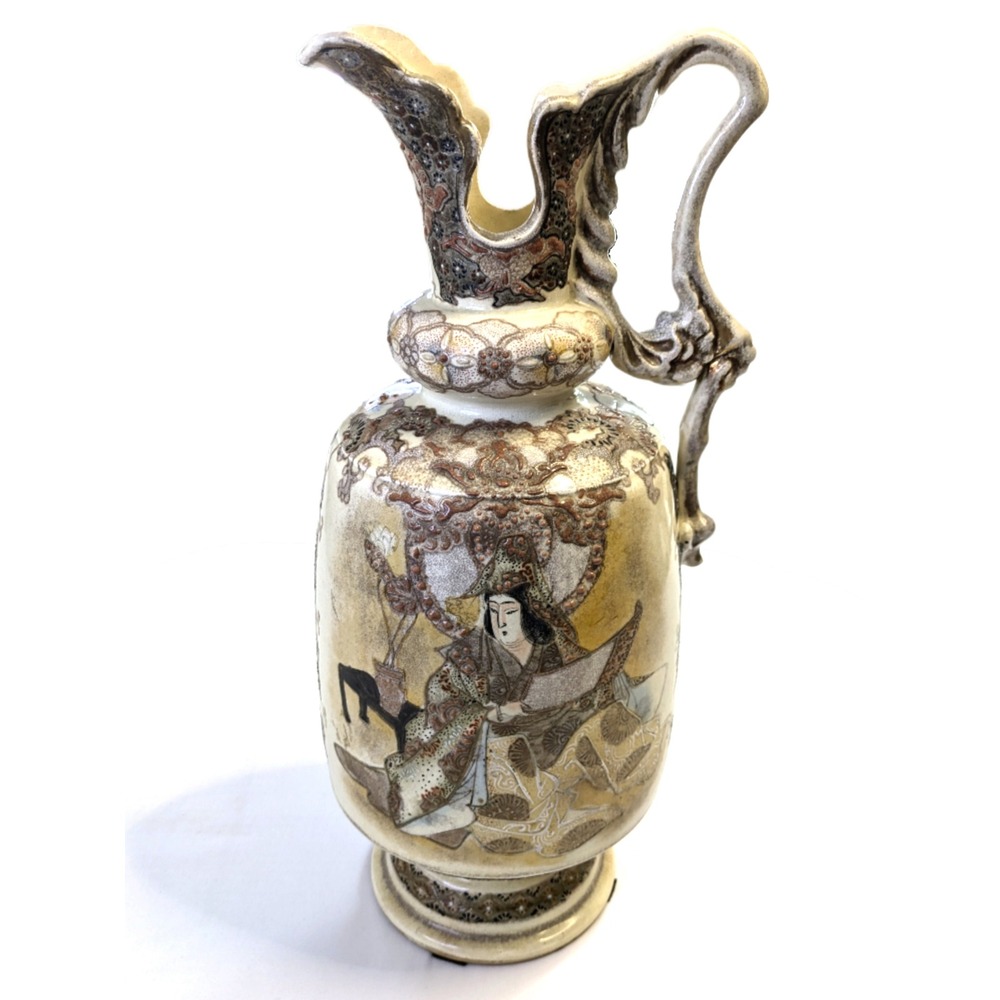 Antique Japanese Satsuma Moriage Ewer Pitcher Vase Vintage Hand Painted 17 Inch